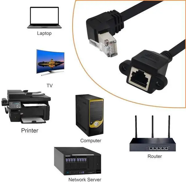 Alt view image 6 of 7 - 60CM Down Angle 90 Degree Panel Mount RJ45 Cable, Shielded Male to Female LAN Extender Cord with Screw Holes, Cat5/Cat5e/Cat6 Compatible Downward Angled Network Panel Connector
