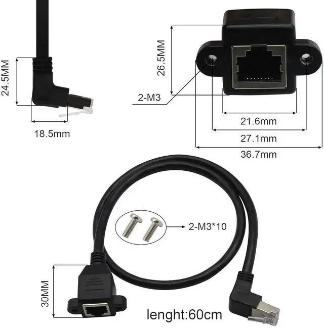 Alt view image 3 of 7 - 60CM Down Angle 90 Degree Panel Mount RJ45 Cable, Shielded Male to Female LAN Extender Cord with Screw Holes, Cat5/Cat5e/Cat6 Compatible Downward Angled Network Panel Connector