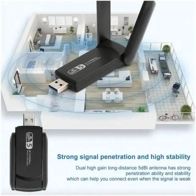 Alt view image 3 of 5 - AC1200 Dual Band USB 3.0 WiFi Adapter, 1200Mbps Long Range Wireless Network Adapter with High Gain Antennas, 5GHz & 2.4GHz Dual Band for Desktop Laptop