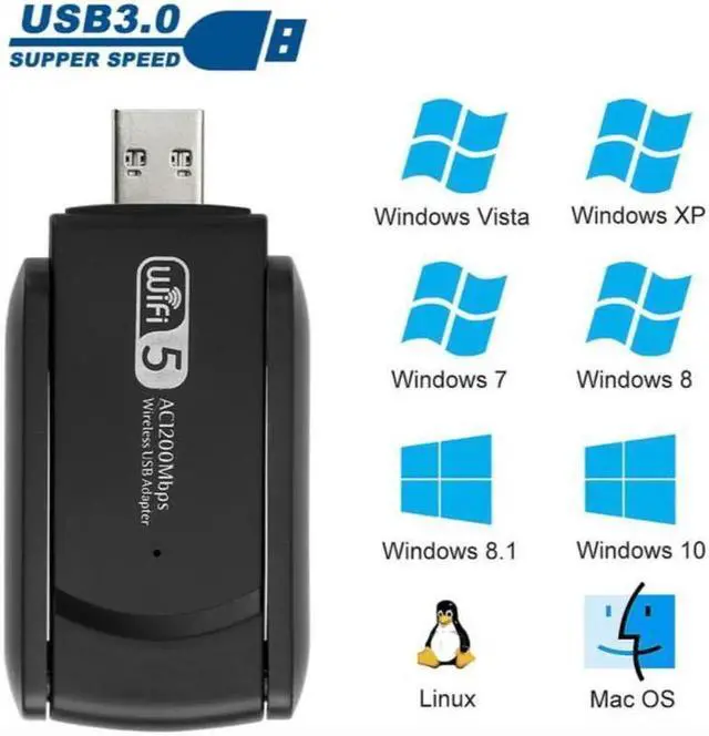 Alt view image 2 of 5 - AC1200 Dual Band USB 3.0 WiFi Adapter, 1200Mbps Long Range Wireless Network Adapter with High Gain Antennas, 5GHz & 2.4GHz Dual Band for Desktop Laptop
