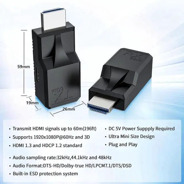 Alt view image 3 of 7 - 60M HDMI Extender Over Cat5e Cat6 Ethernet Cable, 1080P@60Hz UHD Audio Video Repeater, HDMI Male to Male RJ45 LAN Network Transmitter Receiver Adapter for HDTV, PC, Game Console, Monitor