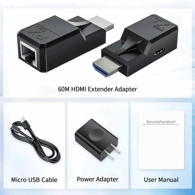Alt view image 7 of 7 - 60M HDMI Extender Over Cat5e Cat6 Ethernet Cable, 1080P@60Hz UHD Audio Video Repeater, HDMI Male to Male RJ45 LAN Network Transmitter Receiver Adapter for HDTV, PC, Game Console, Monitor