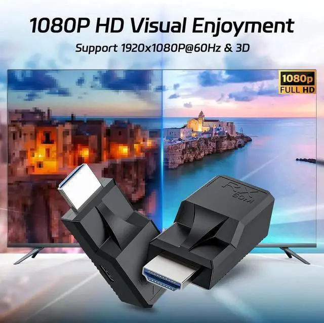 Alt view image 4 of 7 - 60M HDMI Extender Over Cat5e Cat6 Ethernet Cable, 1080P@60Hz UHD Audio Video Repeater, HDMI Male to Male RJ45 LAN Network Transmitter Receiver Adapter for HDTV, PC, Game Console, Monitor