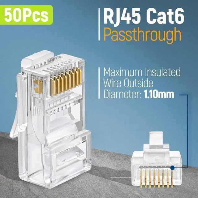 Alt view image 2 of 7 - 50-Pack Cat6 RJ45 Pass Through Connectors, EZ Crimp Cat6 Pass Through RJ45 Plugs, UTP Ethernet Cable Connectors for Solid & Stranded Network Wire