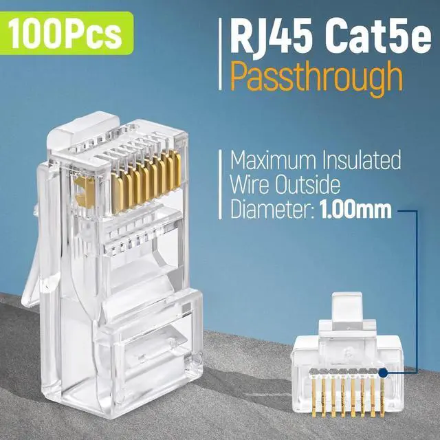 Alt view image 2 of 7 - 100-Pack Cat5e RJ45 Pass Through Connectors, EZ Crimp Cat5e Pass Through RJ45 Plugs, UTP Ethernet Cable Connectors Compatible with Solid & Stranded Network Wire
