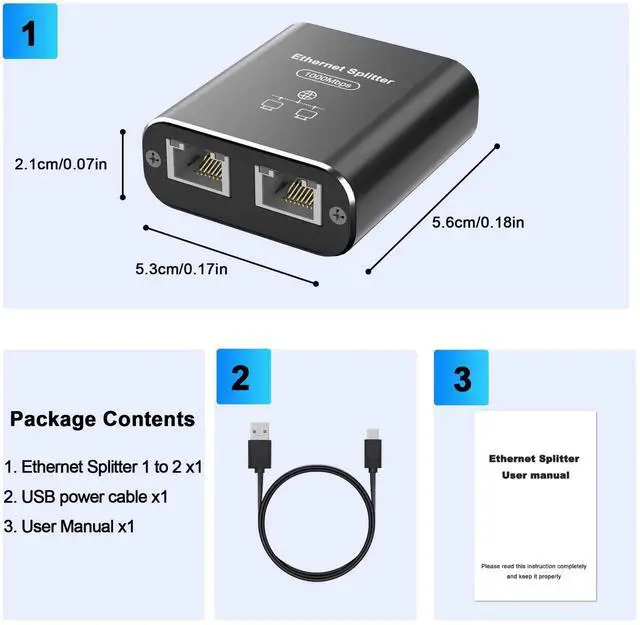 Alt view image 4 of 7 - 1 to 2 Port Gigabit Ethernet Splitter, 1000Mbps RJ45 Network Splitter, 1 In 2 Out Internet Hub with USB Power Cable, Support 2 Devices Simultaneous Networking, Compatible with Cat5 Cat5e Cat6 Cat7 Cat