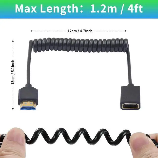 Alt view image 5 of 7 - 8K@60Hz Coiled HDMI Extension Cable, Ultra-Thin HDMI Male to Female Cord, 48Gbps HDMI 2.1 High Speed, Retractable Spring Design, 4FT/1.2M, Compatible with 4K 1080P for Monitor TV Game Console