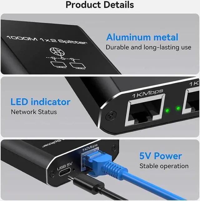 Alt view image 5 of 7 - 1 to 2 Port Gigabit Ethernet Splitter, 1000Mbps RJ45 Network Splitter Adapter with USB Power Supply, LAN Extension Connector Support 2 Devices Simultaneous Networking, Compatible with Cat5 Cat5e Cat6