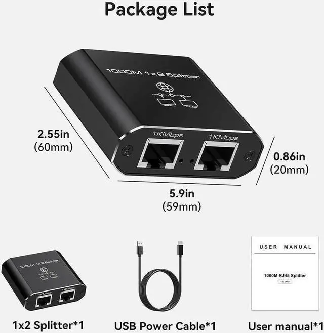 Alt view image 7 of 7 - 1 to 2 Port Gigabit Ethernet Splitter, 1000Mbps RJ45 Network Splitter Adapter with USB Power Supply, LAN Extension Connector Support 2 Devices Simultaneous Networking, Compatible with Cat5 Cat5e Cat6