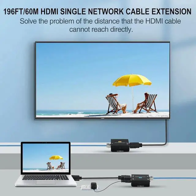 Alt view image 6 of 7 - 60M/196ft HDMI Over Ethernet Extender, 1080P HDMI Balun Adapter Over Cat5e/Cat6/Cat7 Cable, Single POC Power Supply, Support 3D EDID Deep Color, Compatible with PS5, Fire Stick, Roku, DVD Player