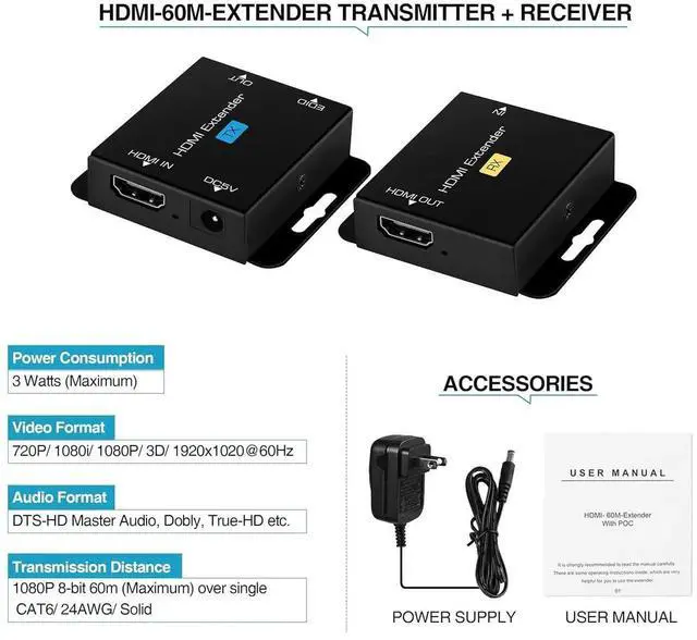 Alt view image 5 of 7 - 60M/196ft HDMI Over Ethernet Extender, 1080P HDMI Balun Adapter Over Cat5e/Cat6/Cat7 Cable, Single POC Power Supply, Support 3D EDID Deep Color, Compatible with PS5, Fire Stick, Roku, DVD Player