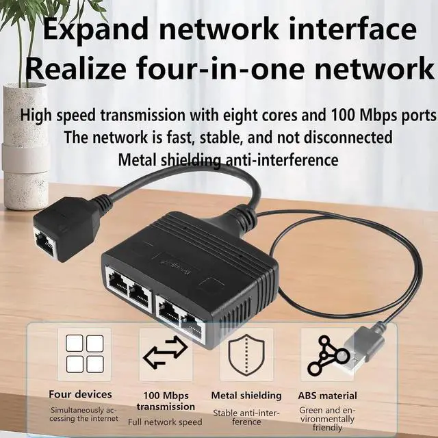 Alt view image 3 of 7 - 1 to 4 Female RJ45 Network Splitter Adapter, 100Mbps Ethernet LAN Cable Splitter, 4 Devices Simultaneous Internet Sharing, Black Female Port Design