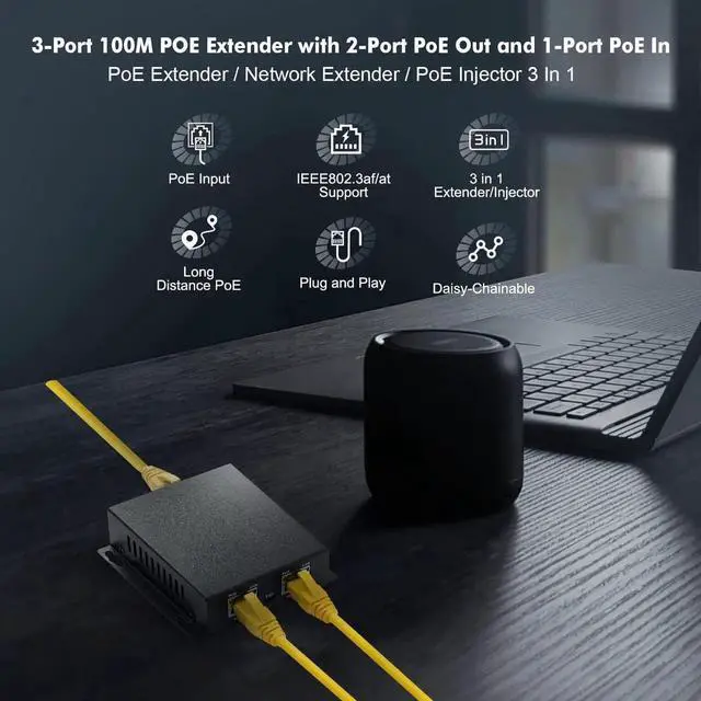 Alt view image 5 of 7 - 1 In 2 Out PoE Extender Passthrough Switch, IEEE 802.3af/at Compliant, 10/100Mbps Ethernet PoE Repeater, Wall Mount Metal PoE Injector Network Extender for IP Camera