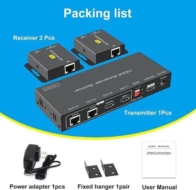 Alt view image 5 of 7 - 1 In 2 Out HDMI Extender Splitter, 1080P@60Hz HDMI Over Cat5e/Cat6 Ethernet Adapter, Up to 165FT Transmission with Local Loop Out, EDID Copy and HDCP Support