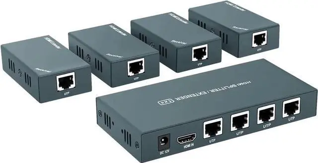Main image of 1x4 HDMI Extender Splitter, 1080P@60Hz 4-Port HDMI Over Ethernet Distribution, Up to 165ft/50m Transmission via Cat5e/Cat6/Cat7 Cable, Single Power Adapter Design