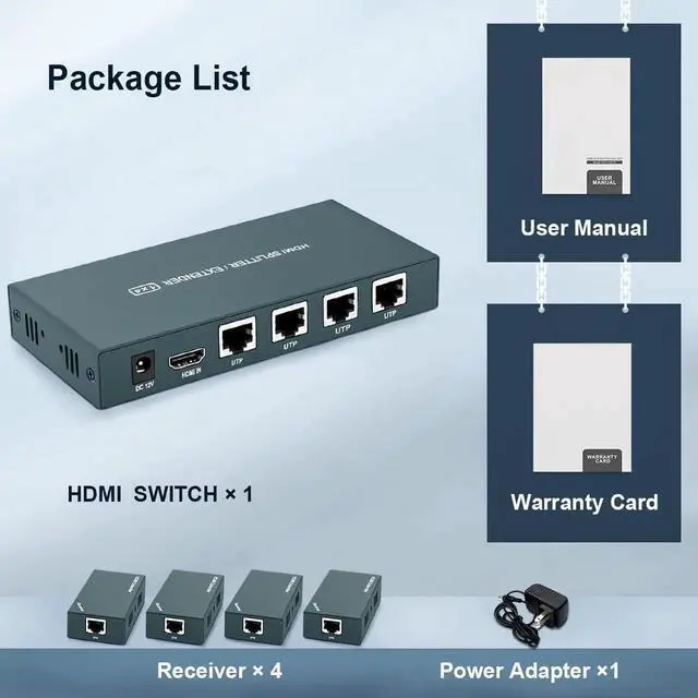 Alt view image 7 of 7 - 1x4 HDMI Extender Splitter, 1080P@60Hz 4-Port HDMI Over Ethernet Distribution, Up to 165ft/50m Transmission via Cat5e/Cat6/Cat7 Cable, Single Power Adapter Design