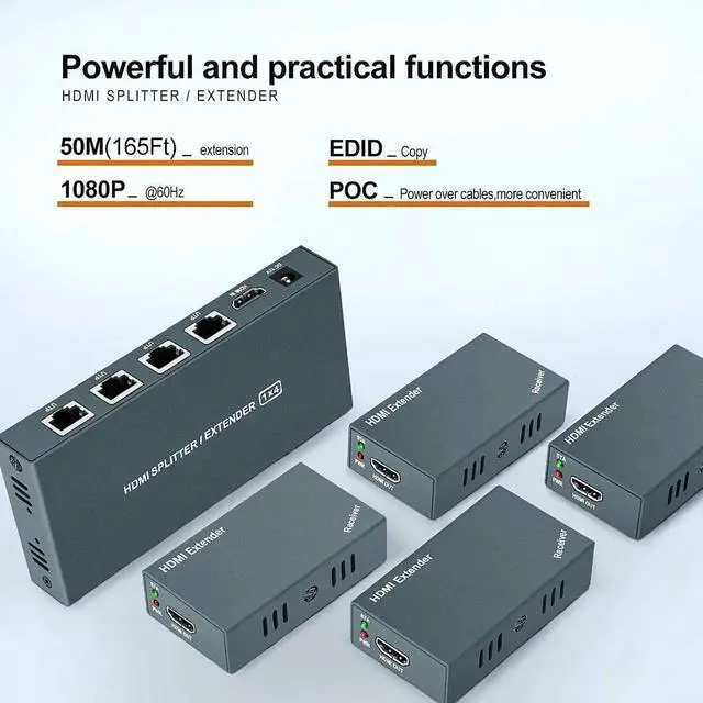 Alt view image 2 of 7 - 1x4 HDMI Extender Splitter, 1080P@60Hz 4-Port HDMI Over Ethernet Distribution, Up to 165ft/50m Transmission via Cat5e/Cat6/Cat7 Cable, Single Power Adapter Design