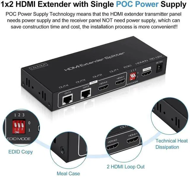 Alt view image 2 of 7 - 1x2 HDMI Extender Splitter, 1080P@60Hz 1 in 2 Out HDMI Over Cat5e/Cat6 Cable Up to 165ft/50m, Dual Local HDMI Loop-Out, POC Power Supply, EDID & 3D Support for Fire Stick TV Box