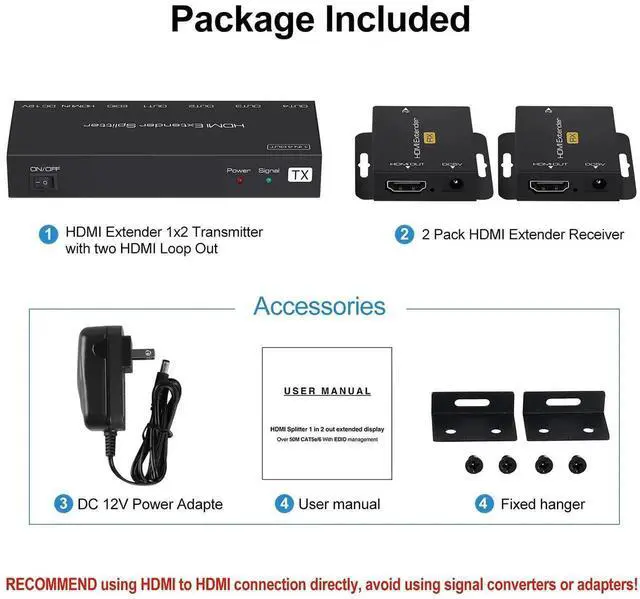 Alt view image 7 of 7 - 1x2 HDMI Extender Splitter, 1080P@60Hz 1 in 2 Out HDMI Over Cat5e/Cat6 Cable Up to 165ft/50m, Dual Local HDMI Loop-Out, POC Power Supply, EDID & 3D Support for Fire Stick TV Box
