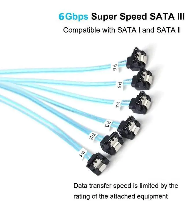 Alt view image 4 of 7 - 6Pcs 1M 90 Degree SATA III Cable, Right Angle to Straight 6Gbps SAS SATA Data Cable, 3.3FT High Speed Cord for Server, RAID, SSD, HDD, CD DVD Drives