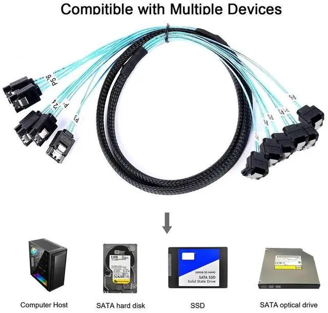 Alt view image 2 of 7 - 6Pcs 1M 90 Degree SATA III Cable, Right Angle to Straight 6Gbps SAS SATA Data Cable, 3.3FT High Speed Cord for Server, RAID, SSD, HDD, CD DVD Drives