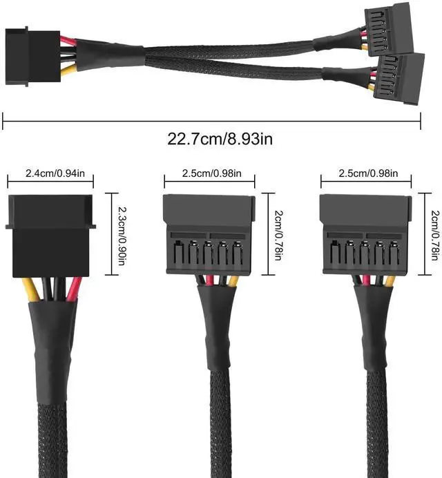 Alt view image 7 of 7 - 2PCS 4-Pin IDE Male to Dual 15Pin SATA Female Y-Splitter Power Cable, IDE to SATA Power Adapter Cord for HDD SSD DVD Drives