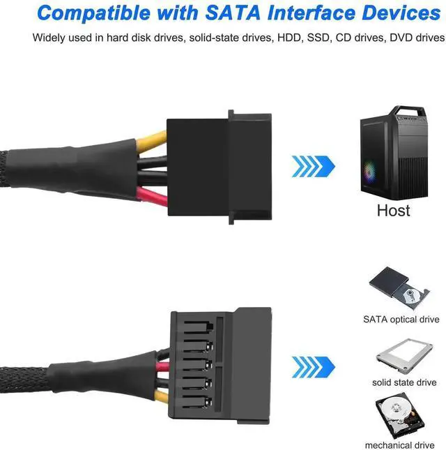Alt view image 4 of 7 - 2PCS 4-Pin IDE Male to Dual 15Pin SATA Female Y-Splitter Power Cable, IDE to SATA Power Adapter Cord for HDD SSD DVD Drives