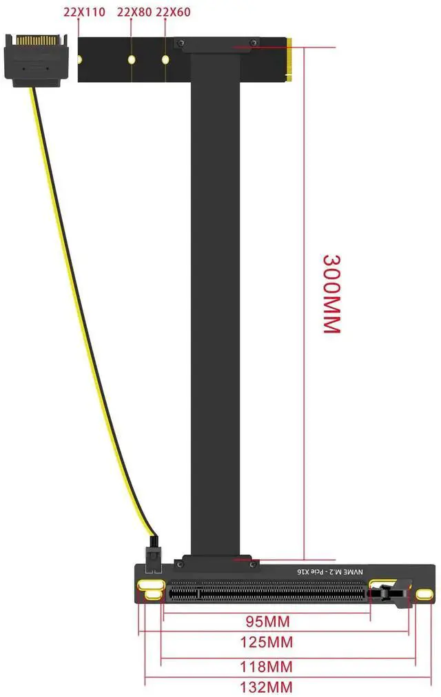 Alt view image 2 of 5 - 300mm M.2 Key M to PCIe 4.0 X16 Riser Cable with SATA Power, Non-SATA M.2 Slot Supported