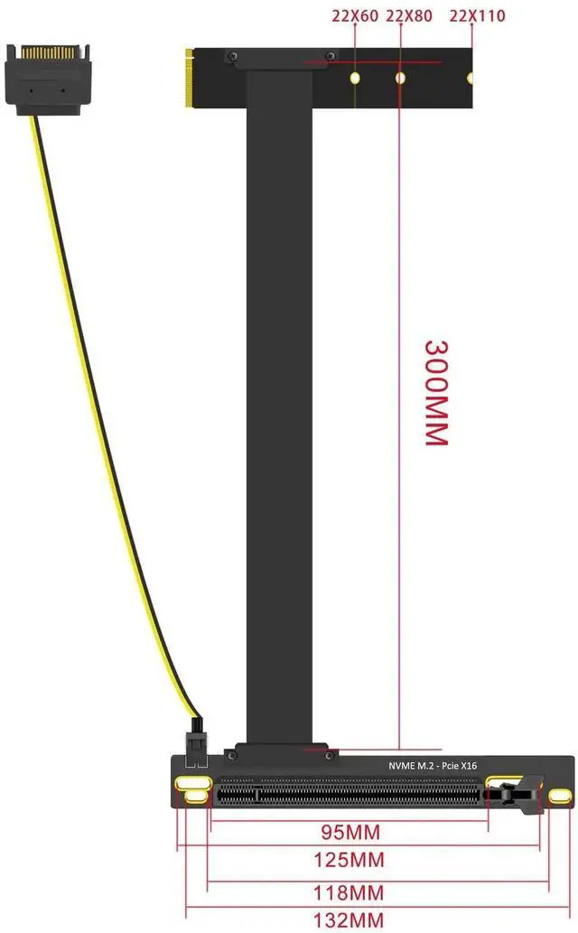 Alt view image 2 of 5 - 300mm M.2 Key M to PCIe 4.0 X16 Riser Cable with SATA Power Cable, High Speed Extension Cord, Not for M.2 SATA Slot