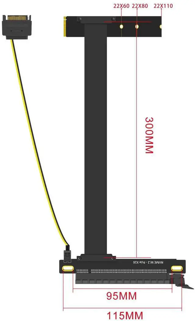 Alt view image 3 of 7 - 300mm M.2 Key M to PCIe 4.0 X16 Riser Cable with SATA Power, Only for NVMe M.2 Key M, Non-M.2 SATA Support