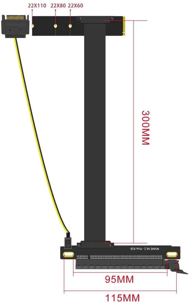 Alt view image 3 of 7 - 300mm M.2 Key M to PCIe 4.0 X16 Riser Cable, SATA Power Supply Extension Cord, Only for NVMe M.2 Key M, Not Compatible with M.2 SATA Slot