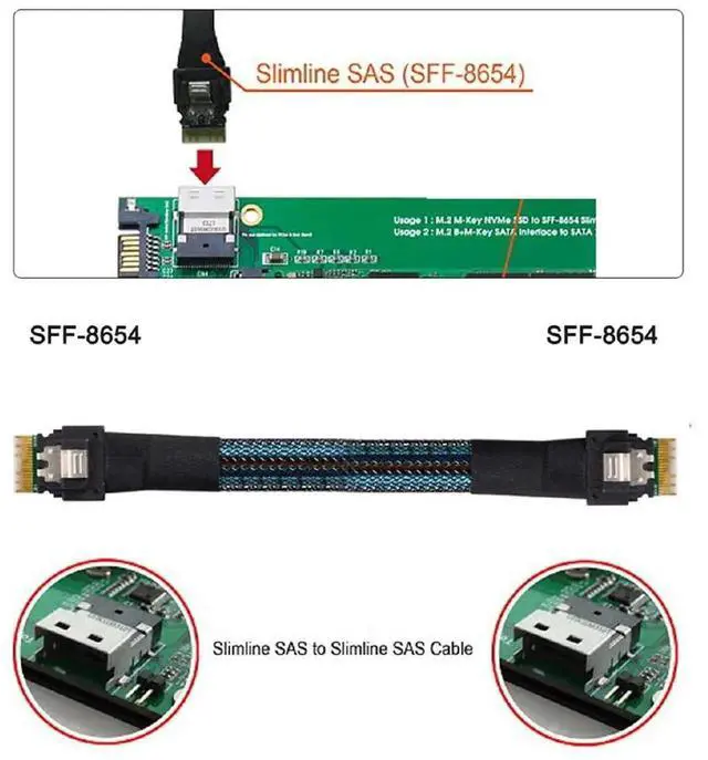 Alt view image 3 of 7 - 50cm PCI-E Slimline SAS 4.0 Cable, SFF-8654 4i 38Pin Host to SFF-8654 Slim SAS Target Internal High Speed Data Cable