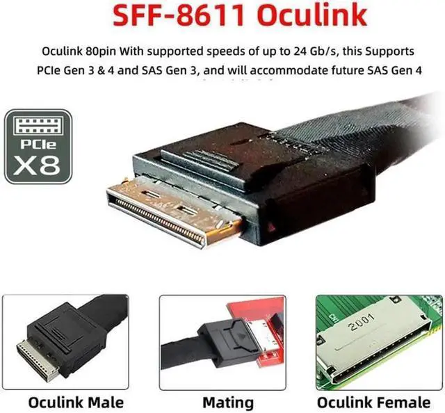 Alt view image 3 of 3 - 50cm OCuLink SFF-8611 8x to Dual SFF-8639 U.2 4x Active Cable, PCIe NVMe SSD High Speed Fanout Data Cable