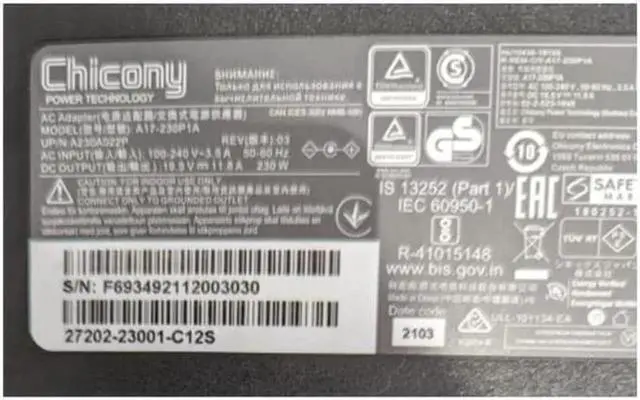 Alt view image 2 of 2 - 230W Chicony AC Adapter, 19.5V 11.8A A17-230P1A A230A022P A12-230P1A, Laptop Charger Replacement for GIGABYTE AERO 17 15 Aorus 15p KD
