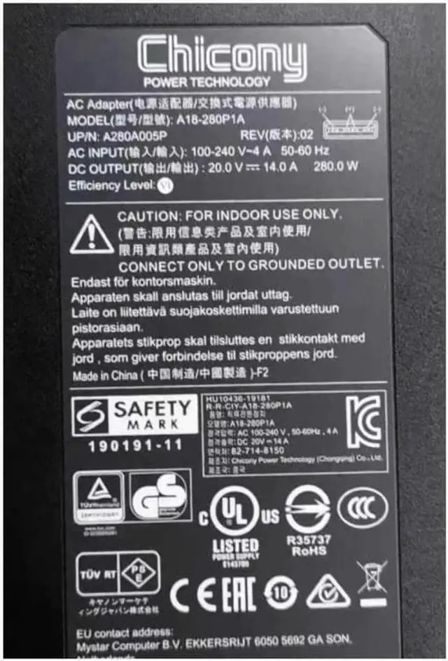 Alt view image 2 of 2 - 280W 20V 14A Chicony AC Adapter, A18-280P1A Replacement Gaming Laptop Charger Compatible with MSI GE66 GE76 GP76, ADP-280BB B A17-230P1B