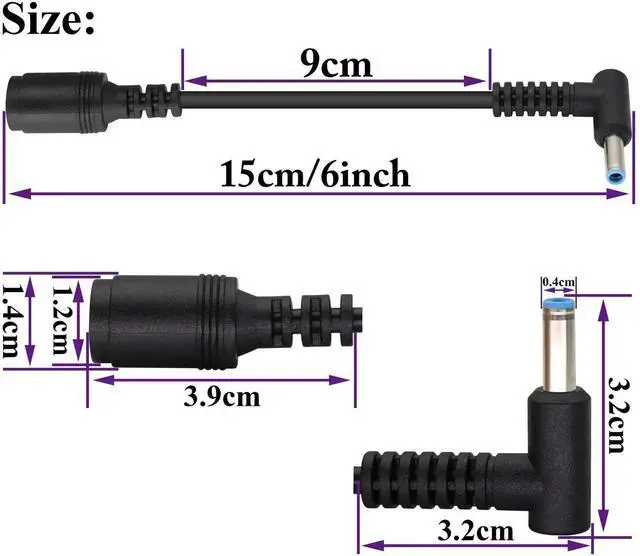 Main image of 2 Pack 90 Degree DC Power Converter Cable, 7.4mm×5.0mm Female to 4.5mm×3.0mm Male Right Angle Laptop Charging Connector, 15cm DC Jack Adapter Cord for HP Notebook Power Supply Replacement