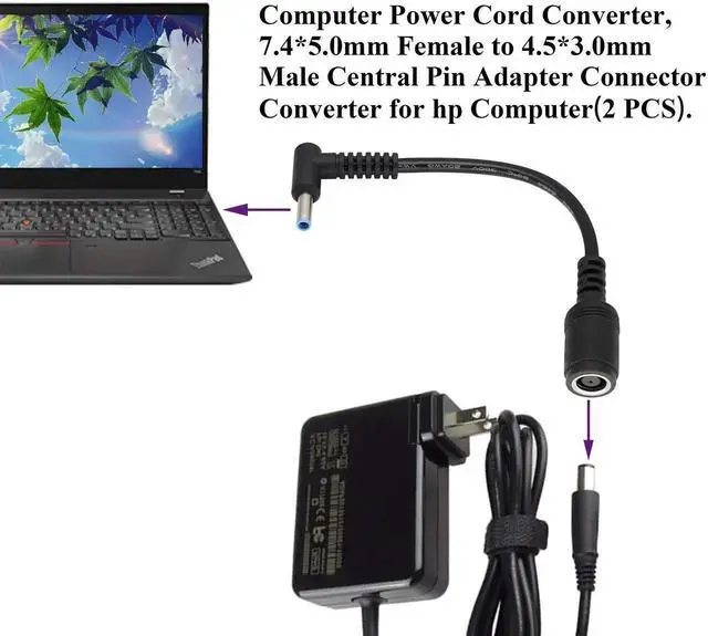 Alt view image 5 of 6 - 2 Pack 90 Degree DC Power Converter Cable, 7.4mm×5.0mm Female to 4.5mm×3.0mm Male Right Angle Laptop Charging Connector, 15cm DC Jack Adapter Cord for HP Notebook Power Supply Replacement