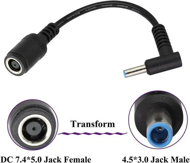 Alt view image 6 of 6 - 2 Pack 90 Degree DC Power Converter Cable, 7.4mm×5.0mm Female to 4.5mm×3.0mm Male Right Angle Laptop Charging Connector, 15cm DC Jack Adapter Cord for HP Notebook Power Supply Replacement