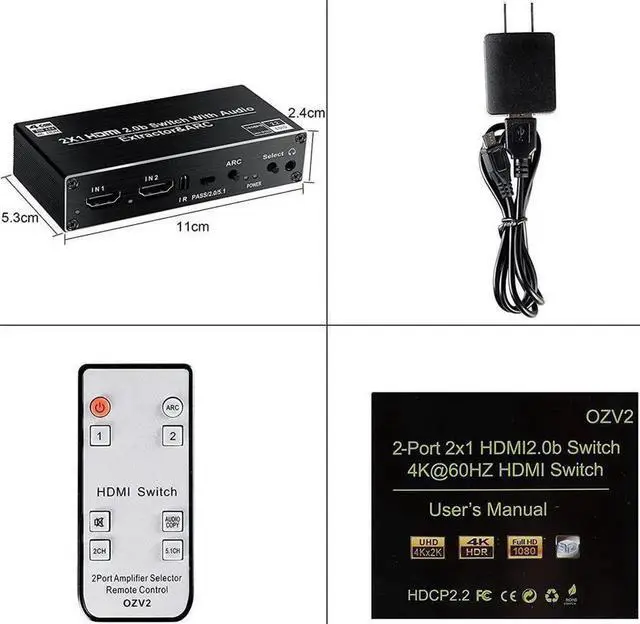 Alt view image 5 of 7 - 2-Port HDMI Switch Audio Extractor, 2 Input 1 Output HDMI2.0b Switch Splitter with Remote Control, 4K@60Hz HDMI Switcher Box with Optical Toslink SPDIF/Coaxial/Analog RCA Stereo Audio Output