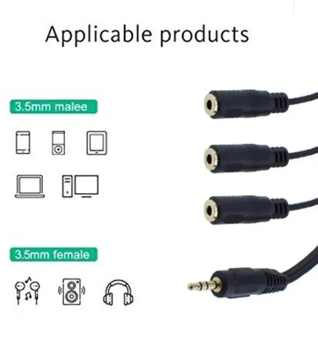 Alt view image 3 of 6 - 2Pcs 3.5mm TRRS Audio Splitter Cable, 1FT Gold Plated 1 Male to 3 Female Stereo AUX Splitter Adapter, 1 Input 3 Output Audio Jack Splitter