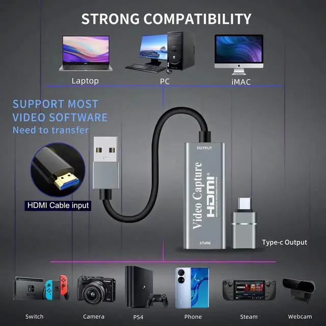 Alt view image 4 of 7 - 4K HDMI to USB 3.0 Video Capture Card, 1080P 60fps HD Video Audio Grabber, Silver Game Capture Device for Gaming Streaming Teaching Video Conference