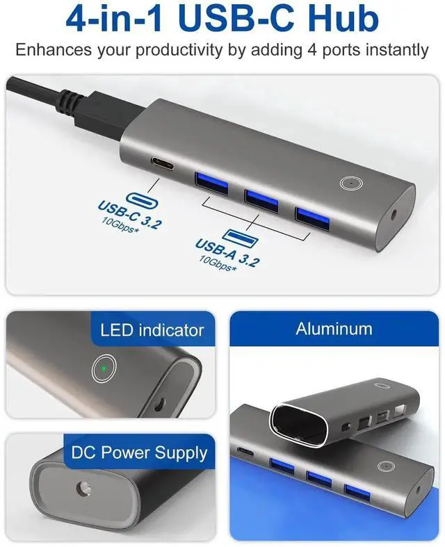 Alt view image 2 of 7 - 4 Port Aluminum USB C to USB-A Hub, USB 3.2/3.1 Gen 2 10Gbps SuperSpeed Data Hub for Mac Laptop PC iPhone 15/16 Pro Max