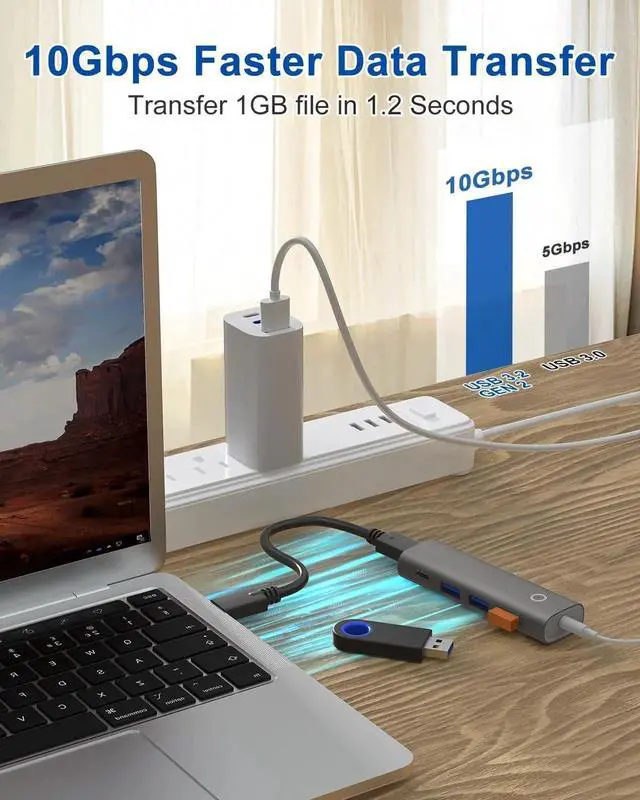 Alt view image 3 of 7 - 4 Port Aluminum USB C to USB-A Hub, USB 3.2/3.1 Gen 2 10Gbps SuperSpeed Data Hub for Mac Laptop PC iPhone 15/16 Pro Max