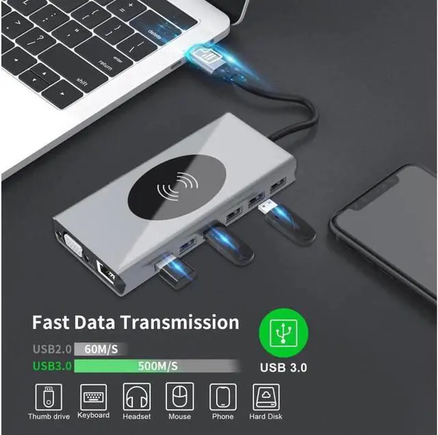 Alt view image 3 of 4 - Hub USB C Adaptador Tipo C com Saída HDMI Compatível, VGA e Múltiplas Portas USB 3.0, Doca Divisor USB-C 3.1 para MacBook Pro e Huawei Mate 30