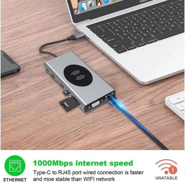 Alt view image 4 of 4 - Hub USB C Adaptador Tipo C com Saída HDMI Compatível, VGA e Múltiplas Portas USB 3.0, Doca Divisor USB-C 3.1 para MacBook Pro e Huawei Mate 30