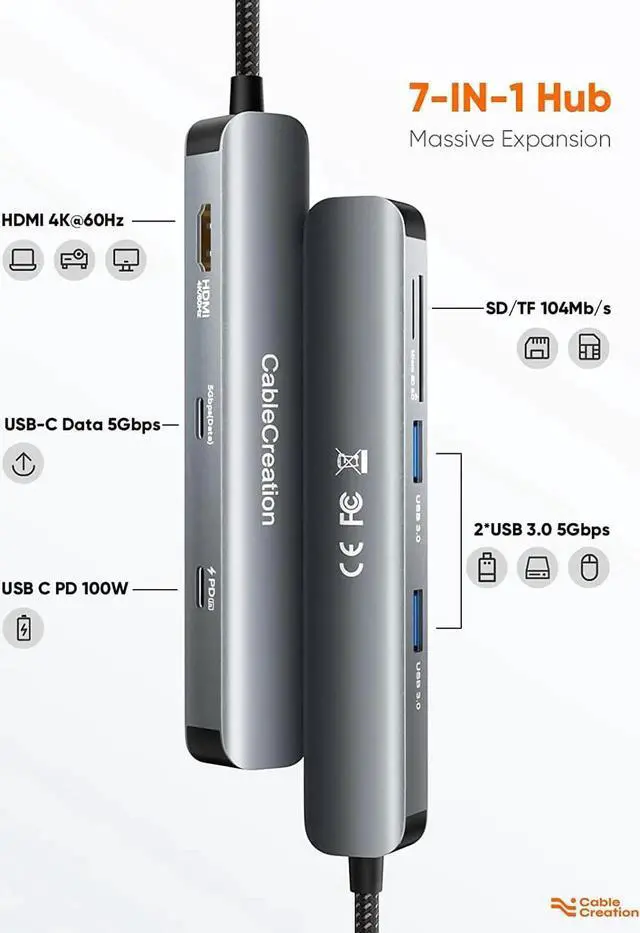Alt view image 6 of 7 - USB C Hub Multiport Adapter, CableCreation 7-in-1 USB-C Hub with 4K 60Hz HDMI, 100W PD, USB-C and 2 USB 3.0 5Gbps Data Ports, SD/TF Card Slots for Steam Deck, MacBook Pro/Air, iPad Pro, Pixelbook, XPS