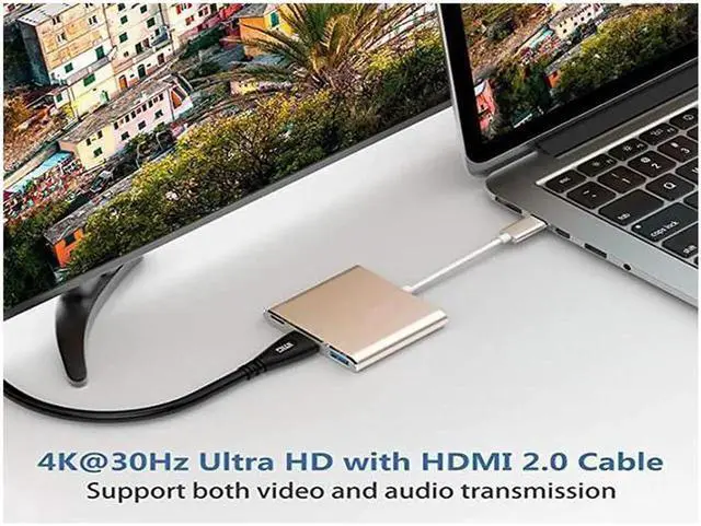 Alt view image 3 of 7 - USB C/Type C to HDMI Adapter, Thunderbolt 3 to HDMI 4K Adapter, USB-C Digital AV Multiport Adapter for Mac/ MacBook/iPad Pro/ S20/S10+/Projector with USB 3.0 Port and PD Quick Charging Port Gold