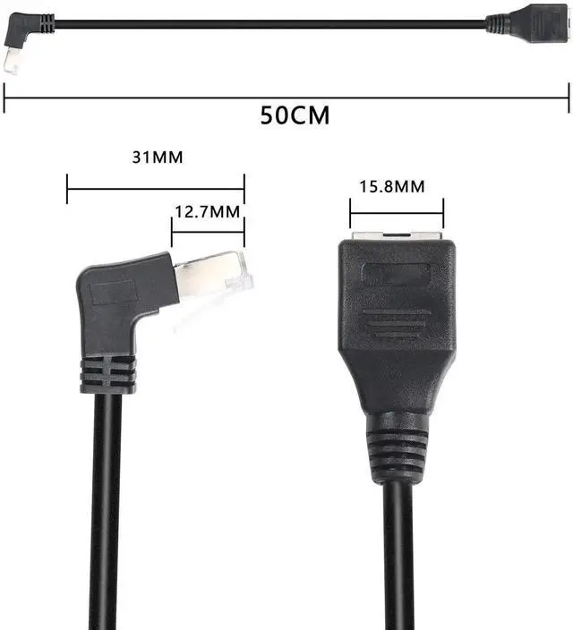 Alt view image 5 of 6 - 50CM Up Angle 90 Degree RJ45 Ethernet Extension Cable, Cat5 Male to Female LAN Network Patch Cord for Router, Modem, Smart TV, PC, Laptop - Black