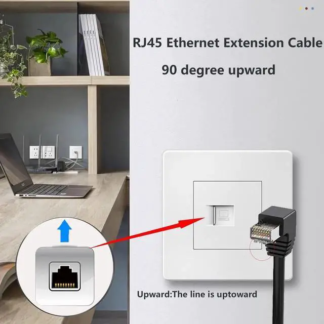 Alt view image 4 of 6 - 50CM Up Angle 90 Degree RJ45 Ethernet Extension Cable, Cat5 Male to Female LAN Network Patch Cord for Router, Modem, Smart TV, PC, Laptop - Black