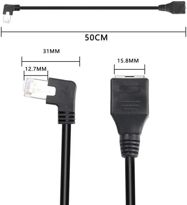 Alt view image 4 of 6 - 50CM Left Angle 90 Degree RJ45 Ethernet Extension Cable, Cat5 Male to Female LAN Patch Cord, Left Bend Network Cable for Router, Modem, Smart TV, PC, Laptop Black